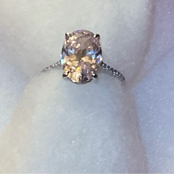 Jewelry - Oval Pink Crystal Solitaire Ring with Pavé Band